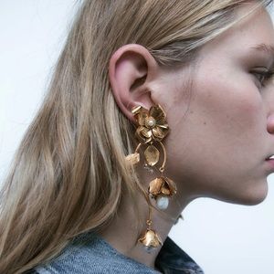 Zara Floral Golden Sun Wired Long Chunky Pearls Flowers Earrings
